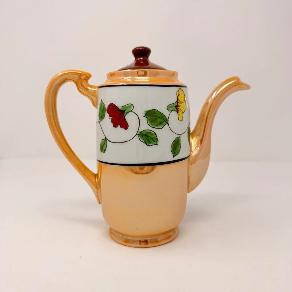 Vintage Japanese Lusterware Teapot Peach Hand Painted Parrot‎ Floral Made Japan